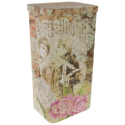 Vorratsdose; rechteckige Stülpdeckeldose, bedruckt mit romantischem Motiv, aus Weißblech.