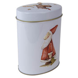 X-mas Oval; ovale Stülpdeckeldose aus Weißblech, mit Weihnachtsmotiv.