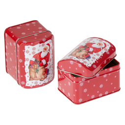 Verpackungsdosen: Weihnachtliche Dose, rot, Weihnachtsmotiv mit Weihnachtsmann / Nikolaus; rechteckige Stülpdeckeldose 104x76x80 mm, aus Weißblech.
