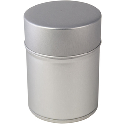 runde Stülpdeckeldose aus Weißblech für Gewürze, mit Streueinsatz aus Kunststoff.