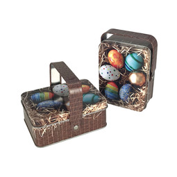 Unsere Produkte: Osterkorb mit Ostermotiv als Geschenkverpackung für Ostern. Rechteckige Stülpdeckeldose aus Weißblech mit Henkel. Ansicht seitlich und hochkant.