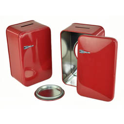 Unsere Produkte: Spardose Retro-Kühlschrank aus Weißblech, rot, mit Verschluss auf Rückseite
