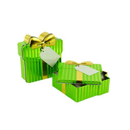 Unsere Produkte: Schmuckdose Geschenkdose grün gestreift mit goldener stilisierter Schleife, Weißblechdose halb geöffnet im Vordergrund liegend, zweite geschlossen stehend