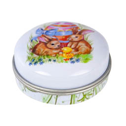 Frühlingsdosen: Micro-Dose für Ostern. Runde Stülpdeckeldose mit Kunststoffinsert aus elektrolytischem Weißblech mit Ostermotiv.
