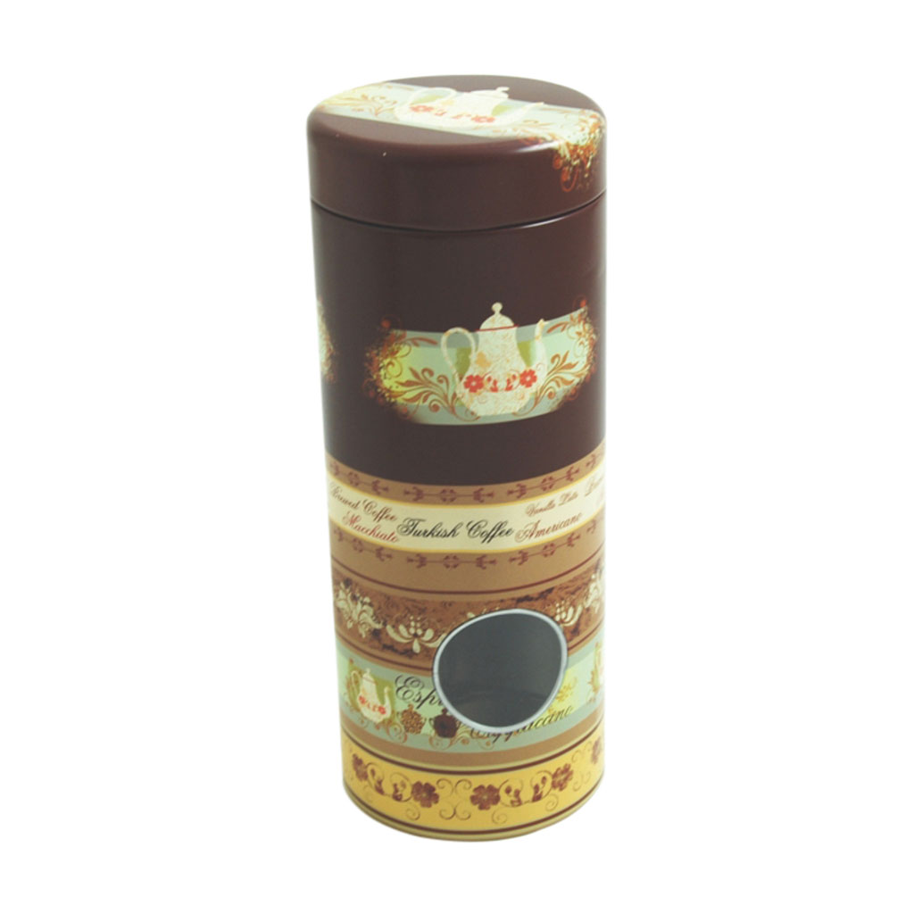 Kaffee-Pad-Dose; runde Stülpdeckeldose, mit Kaffeekannen Motiv, aus Weißblech.