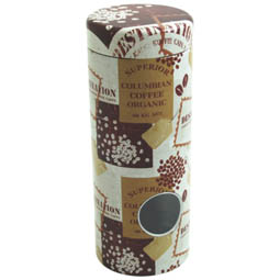 Dose für Kaffee-Pads; runde Stülpdeckeldose, Columbian Coffee Design, aus Weißblech.