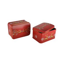 Macarondosen: Elch Truhe rot, Weihnachtsmotiv; rechteckige Stülpdeckeldose, aus Weißblech.