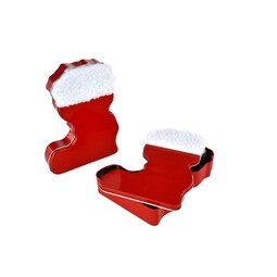 Unsere Produkte: Weihnachtsdosen Nikolausstiefel rot - Sonderform Stiefel - Stülpdeckeldose aus elektrolytischem Weißblech