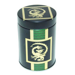 Dose Tee Dragon Mini, für Tee; kleine, runde Stülpdeckeldose, grün, bedruckt, Drachenmotiv, aus Weißblech.