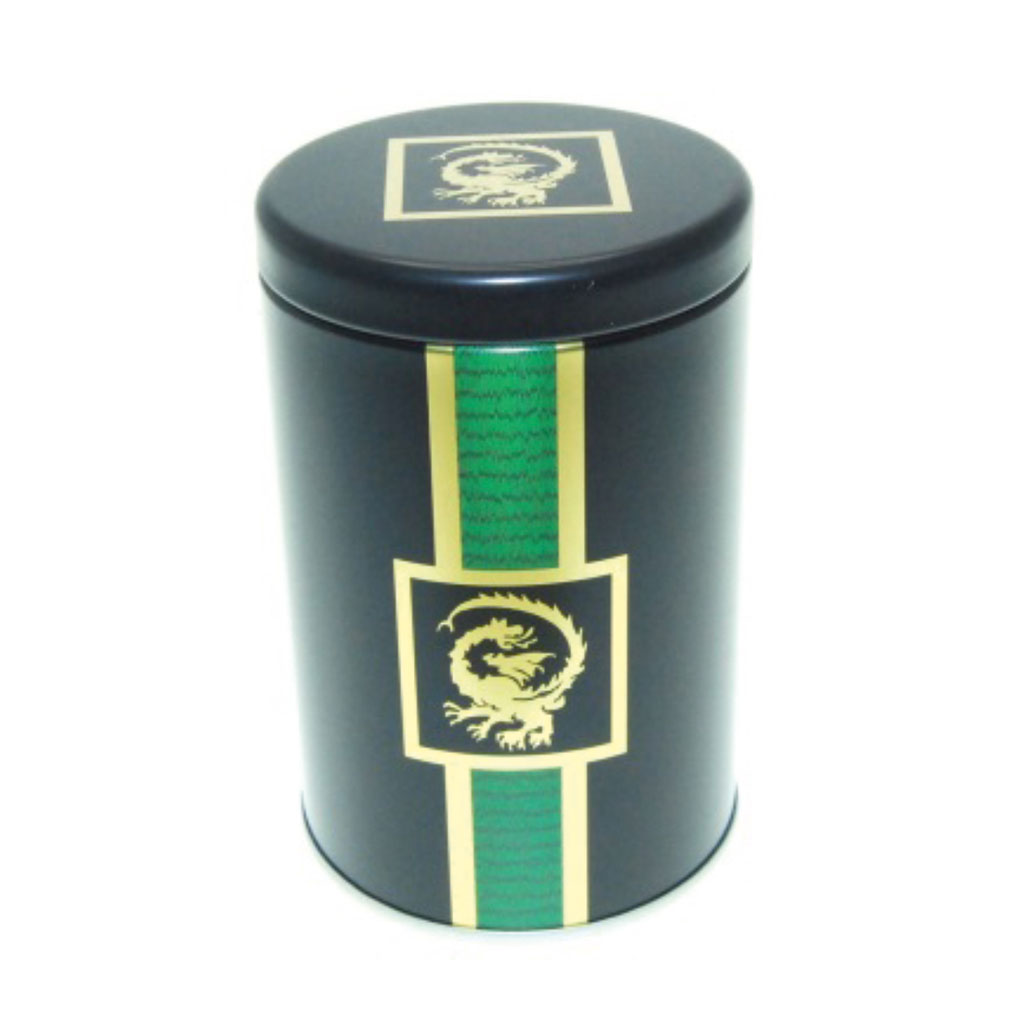 Dose Tee Dragon, für Tee; kleinere, runde Stülpdeckeldose, grün, bedruckt, Drachenmotiv, aus Weißblech.