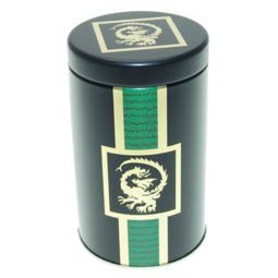 Dose Tee Dragon, für Tee; mittelgroße, runde Stülpdeckeldose , grün, bedruckt, Drachenmotiv, aus Weißblech.
