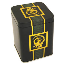 Tee Dragon, Dose für ca. 100g Tee; quadratische Stülpdeckeldose, dunkelgrün, bedruckt mit Drachen-Motiv, aus Weißblech.