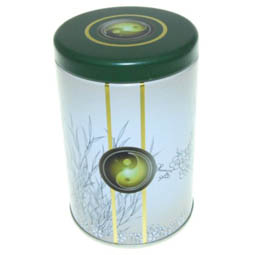 Dose Tee Garden, für Tee; mittelgroße, runde Stülpdeckeldose, weiß/grün, bedruckt, dia. 76/115 mm, aus Weißblech.