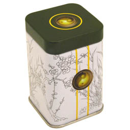 Tee Garden Yin, Dose für ca. 25g Tee; quadratische Stülpdeckeldose, weiß/grün, bedruckt, aus Weißblech.