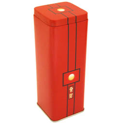 Lebensmitteldosen: Tee Red Sun, Dose für Tee; lange, quadratische Stülpdeckeldose, rot, bedruckt mit Red Sun Motiv, aus Weißblech.