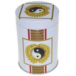 Mini Dose Yin Yang, für Tee; kleine, runde Stülpdeckeldose, weiß, bedruckt, dia.50/72 mm, aus Weißblech.