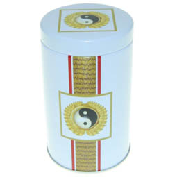 Dose Yin Yang, für Tee; mittelgroße, runde Stülpdeckeldose, weiß, bedruckt, dia. 76/115 mm, aus Weißblech.