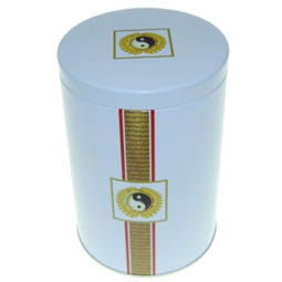 Lebensmitteldosen: Dose Yin Yang, für Tee; große, runde Stülpdeckeldose, weiß, bedruckt, dia. 108/157 mm, aus Weißblech.