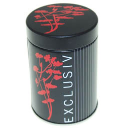 Mini Dose Exclusiv, für Tee; kleine, runde Stülpdeckeldose, schwarz, bedruckt, dia.50/72 mm, aus Weißblech.