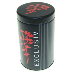 Dose Exclusiv, für Tee; kleinere, runde Stülpdeckeldose, schwarz, bedruckt, dia.60/102 mm, aus Weißblech.