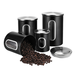 Unsere Produkte: Vorratsdosen Edelstahl Set, geöffnet und geschlossen, mit Kaffee