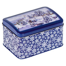 Maskendosen: Weihnachtliche Dose, blau, Weihnachtsmotiv mit Winterlandschaft; rechteckige Stülpdeckeldose, aus Weißblech.