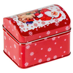 Weihnachtliche Dose, rot, Weihnachtsmotiv mit Weihnachtsmann / Nikolaus; rechteckige Stülpdeckeldose 104x76x80 mm, aus Weißblech.